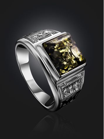 Square Silver Signet Ring With Green Amber The Cesar, Ring Size: 8.5 / 18.5, image , picture 2