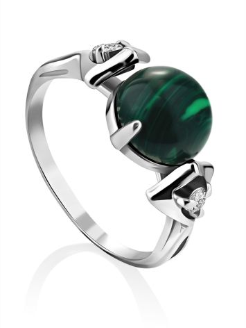 Classy Silver Reconstituted Malachite Ring With Crystals, Ring Size: 6 / 16.5, image 