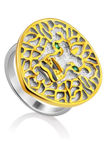 Lion Motif Silver Signet Ring With Green Crystals, Ring Size: 7 / 17.5, image 