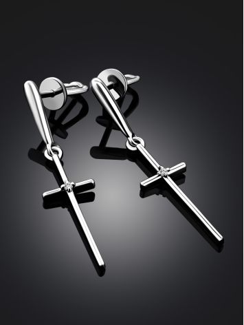 Cross Design Silver Crystal Dangle Earrings, image , picture 2