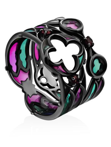 Luminous Blackened Silver Stackable Ring With Garnet  And EnamelThe Gothic, Ring Size: 8 / 18, image 