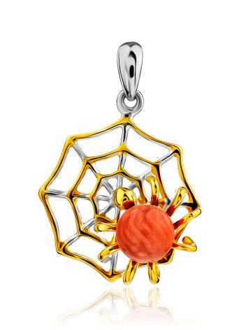 Spider Web Design Silver Coral Pendant, image 