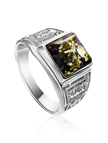 Square Silver Signet Ring With Green Amber The Cesar, Ring Size: 8.5 / 18.5, image 