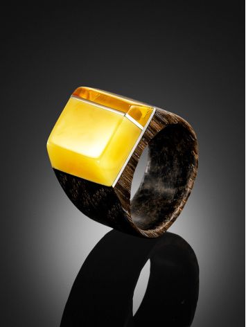 Handcrafted Brazilwood Ring With Honey Amber The Indonesia, Ring Size: 9 / 19, image , picture 2