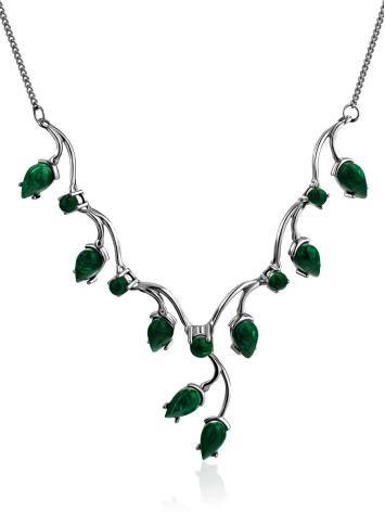 Floral Motif Silver Reconstituted Malachite Necklace, image 
