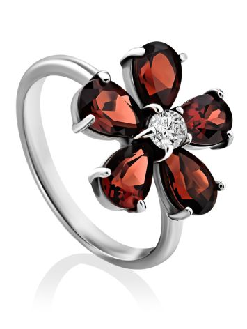 Floral Design Silver Garnet Ring, Ring Size: 7 / 17.5, image 