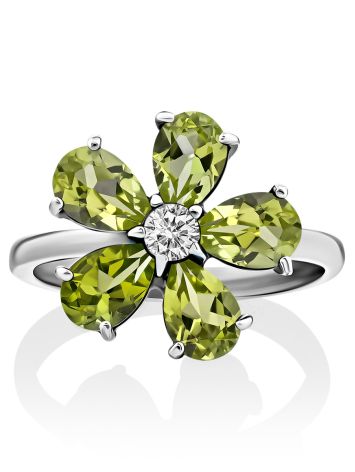 Luminous Floral Design Silver Chrysolite Ring, Ring Size: 5.5 / 16, image , picture 4