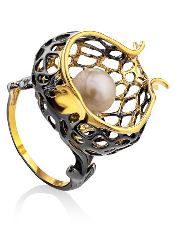 Pomegranate Motif Bicolor Silver Pearl Ring, Ring Size: 8 / 18, image 