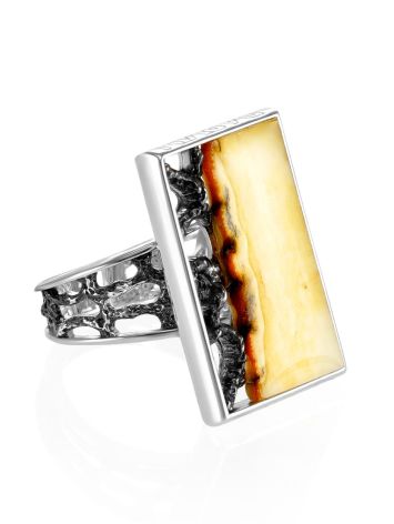 Bold Silver Adjustable Cocktail Ring With Cloudy Amber The Lava, Ring Size: Adjustable, image 