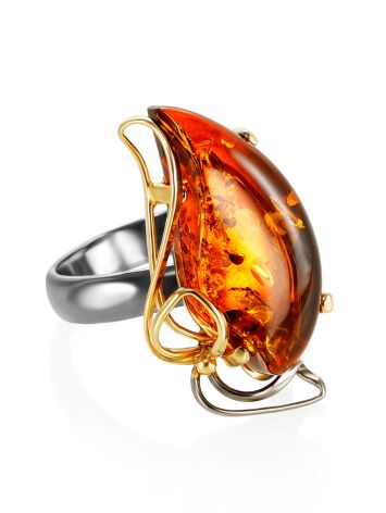 Cognac Amber Adjustable Ring In Gold Plated Silver The Rialto Collection, Ring Size: Adjustable, image 