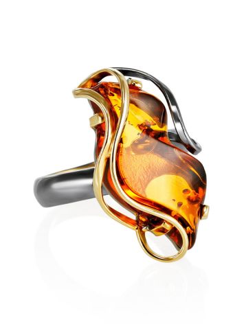 HANDCRAFTED GOLD PLATED COCKTAIL RING WITH COGNAC AMBER THE RIALTO, Ring Size: Adjustable, image 