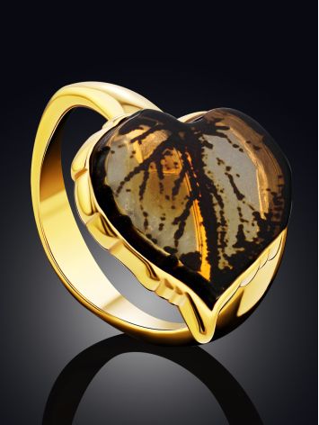 Linden Leaf Motif Gilded Silver Amber Ring, Ring Size: Adjustable, image , picture 2