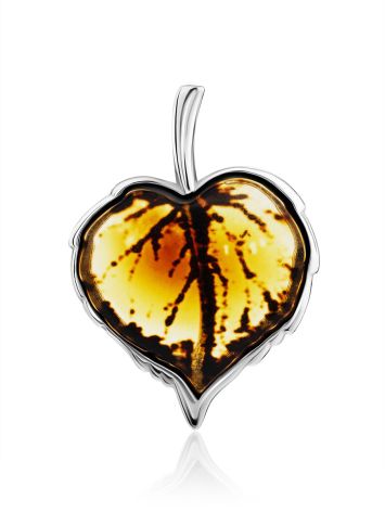 Linden Leaf Motif Silver Amber Pendant, image 