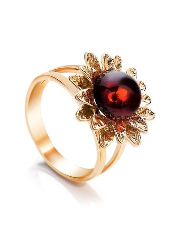 Gold-Plated Ring With Bright Cherry Amber The Aster, Ring Size: 5.5 / 16, image 
