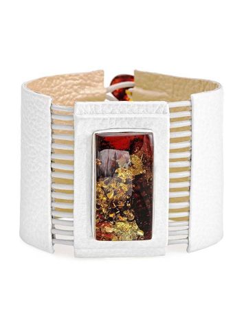 White Leather Bracelet With Square Cut Cognac Amber The Amazon, image 