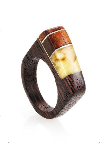 Handcrafted Wenge Wood Ring With Butterscotch Amber The Indonesia, Ring Size: 8 / 18, image 