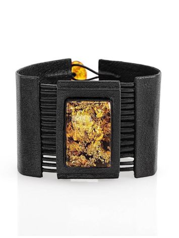 Dark Leather Handcrafted Bracelet With Green Amber The Amazon, image 