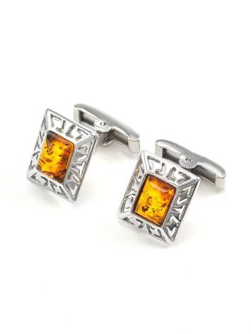 Stylish Geometric Cufflinks With Cognac Amber In Silver The Ithaca, image 