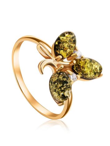 Gold-Plated Ring With Green Amber With Crystals The Verbena, Ring Size: 6.5 / 17, image 