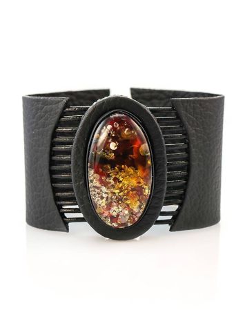 Black Leather Bracelet With Green Amber The Amazon, image 
