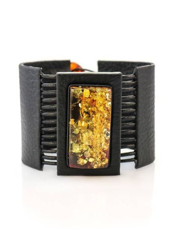Dark Leather Bracelet With Green Amber The Amazon, image 