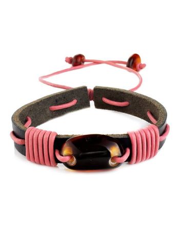 Leather Bracelet With Cognac Amber And Pink Cord The Copacabana, image 
