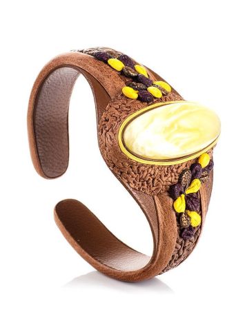 Brown Leather Bracelet With White Amber The Nefertiti, image 