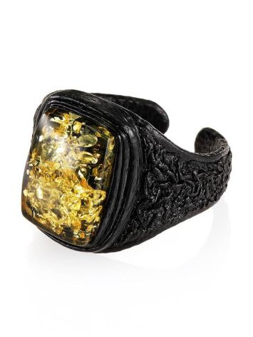 Leather Open Ring With Green Amber The Nefertiti, Ring Size: Adjustable, image , picture 4