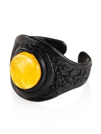 Dark Leather One Size Ring With Honey Amber The Nefertiti, Ring Size: Adjustable, image , picture 4