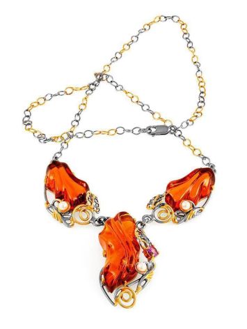 Cognac Amber Necklace In Gold-Plated Silver With Cultured Pearls The Triumph, image , picture 4