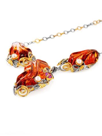 Cognac Amber Necklace In Gold-Plated Silver With Cultured Pearls The Triumph, image , picture 6