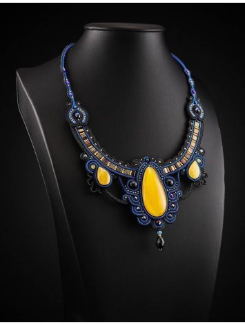 Blue Textile Braided Necklace With Honey Amber And Crystals The India, image , picture 2