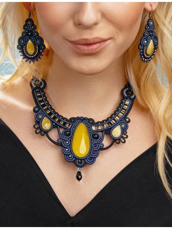 Blue Textile Braided Necklace With Honey Amber And Crystals The India, image , picture 5