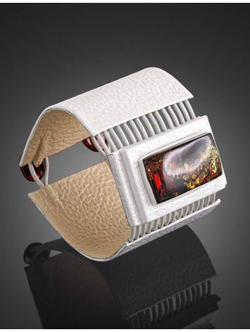 White Leather Bracelet With Square Cut Cognac Amber The Amazon, image , picture 2