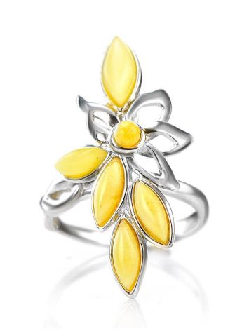 Cute Floral Adjustable Ring With Honey Amber In Silver The Verbena, Ring Size: Adjustable, image , picture 3