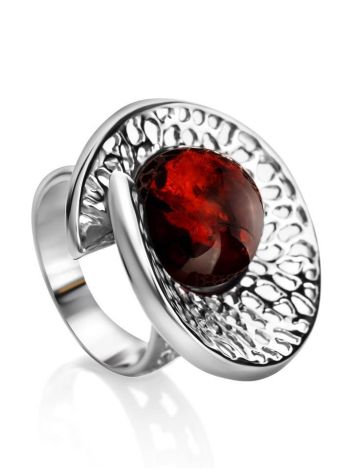 Bold Silver Adjustable Ring With Round Amber Center Stone The Venus, Ring Size: Adjustable, image 