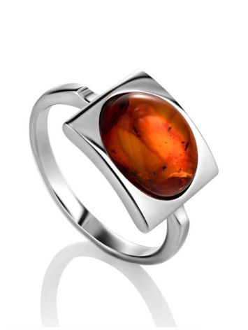 Geometric Silver Ring With Oval Amber Stone The Saturn, Ring Size: 6.5 / 17, image 