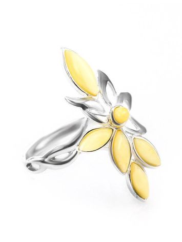 Cute Floral Adjustable Ring With Honey Amber In Silver The Verbena, Ring Size: Adjustable, image 
