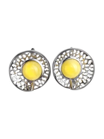 Round Silver Earrings With Honey Amber Centerpieces The Venus, image 