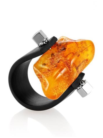 Rubber Adjustable Ring With Bold Amber Centerpiece The Grunge, Ring Size: 10 / 20, image 