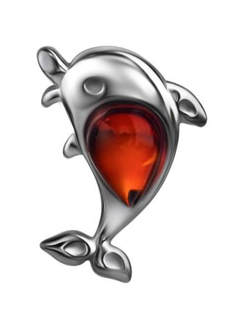 Silver Dolphin Pendant With Cherry Amber, image 
