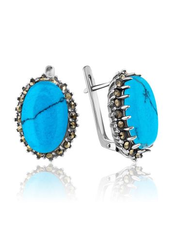 Silver Earrings With Oval Reconstructed Turquoise Centerstones And Marcasites, image 