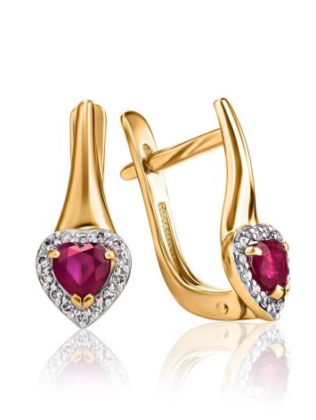 Golden Earrings With Heart Shaped Ruby And Diamonds, image 