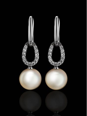 White Gold Drop Earrings With Cultured Pearl And Diamonds, image , picture 2