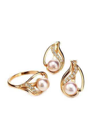 Statement Gold-Plated Ring With Cultured Pearl Centerpiece And Crystals The Serene, Ring Size: 8 / 18, image , picture 4