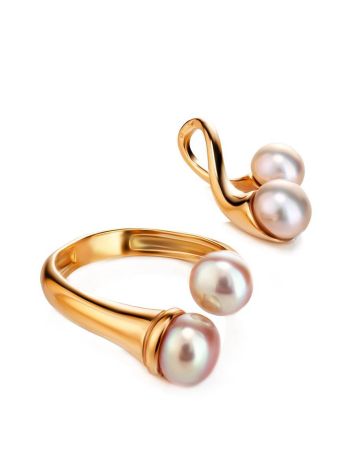 Twisted Gold-Plated Ring With Creamrose Cultured Pearl The Serene, Ring Size: Adjustable, image , picture 5