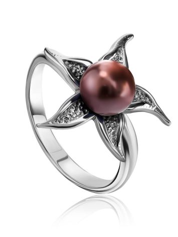 Silver Floral Ring With Deep Purple Cultured Pearl The Persimmon, Ring Size: 6.5 / 17, image 