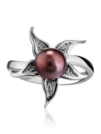 Silver Floral Ring With Deep Purple Cultured Pearl The Persimmon, Ring Size: 6.5 / 17, image , picture 3