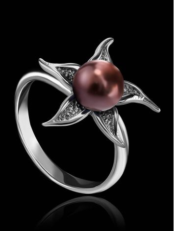 Silver Floral Ring With Deep Purple Cultured Pearl The Persimmon, Ring Size: 6.5 / 17, image , picture 2