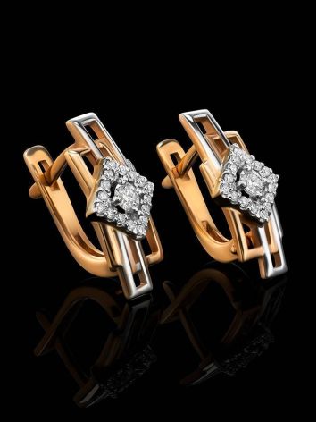 Golden Latch Back Earrings With White Diamonds, image , picture 2
